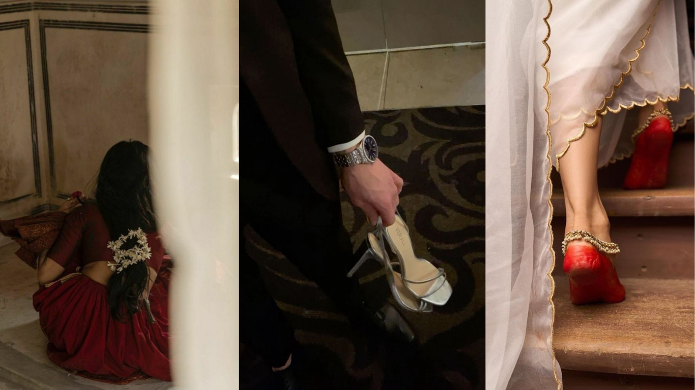 Triptych image showing: a woman in a deep red Indian outfit sitting with flowers in her hair, a man in a dark suit holding silver high heels, and a woman’s feet in alta feet stepping up wooden stairs under a sheer embroidered sari.
