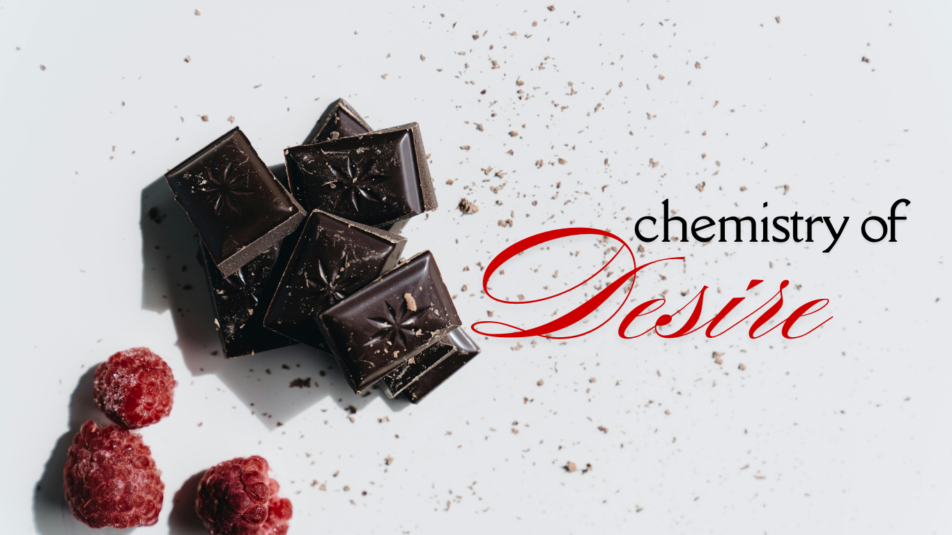 Dark chocolate squares and raspberries on a white surface with cocoa crumbs scattered around, next to elegant text that reads ‘chemistry of desire’.